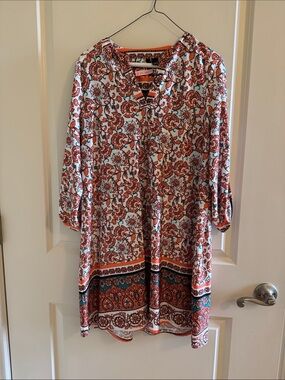 New Directions Coral and Teal Floral Long Sleeve Shift Dress. Size- PM.